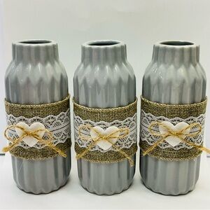 🌼4/$10🌼 3 Set Farmhouse Gray Ceramic Burlap Ribbon Felt Heart Accent Mini Vases